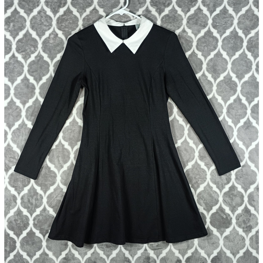 Goth Wednesday Addams Style Black Dress XS Long Sleeve Collared Aphratit - Picture 3 of 10
